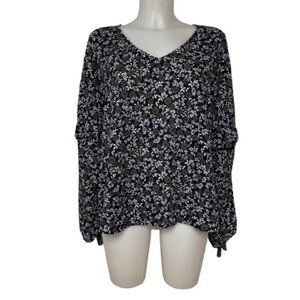 Mystree Boho Navy Green Floral Tassel Sleeve V-Neck Blouse Size L